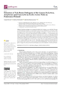 Detection of Tick-Borne Pathogens of the Genera Rickettsia, Anaplasma and Francisella in Ixodes Ricinus Ticks in Pomerania (Poland)