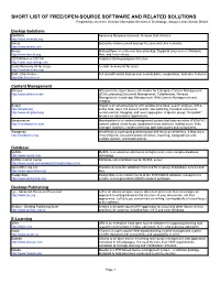 SHORT LIST of FREE/OPEN-SOURCE SOFTWARE and RELATED SOLUTIONS Prepared by Jim Klein, Director Information Services & Technology, Saugus Union School District