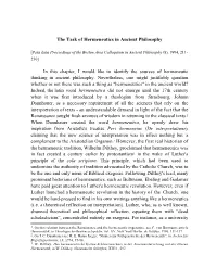 The Task of Hermeneutics in Ancient Philosophy in This Chapter, I Would