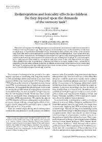 Redintegration and Lexicality Effects in Children: Do They Depend Upon the Demands of the Memory Task?