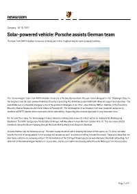 Solar-Powered Vehicle: Porsche Assists German Team the Team from RWTH Aachen University Is Taking Part in the Toughest Race for Solar-Powered Vehicles