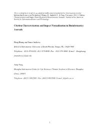 Citation Characterization and Impact Normalization in Bioinformatics Journals