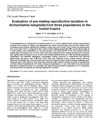 Evaluation of Pre-Mating Reproductive Isolation in Archachatina Marginata from Three Populations in the Humid Tropics