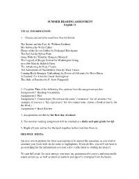 ​SUMMER READING ASSIGNMENT English 11 VITAL INFORMATION: 1. Choose One Novel to Read from This List Below: the Sound And