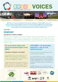 BRICS Voices Is a Quarterly Newsletter to Foster Greater Engagement of Csos on BRICS with a View to Promote Inclusion and Accountability