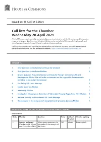 Call Lists for the Chamber Wednesday 28 April 2021