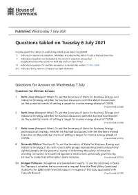 Questions Tabled on Tuesday 6 July 2021