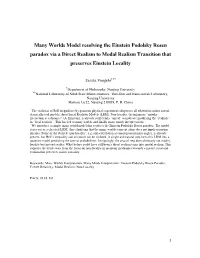 Many Worlds Model Resolving the Einstein Podolsky Rosen Paradox Via a Direct Realism to Modal Realism Transition That Preserves Einstein Locality