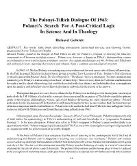 The Polanyi-Tillich Dialogue of 1963: Polanyi's Search for a Post-Critical Logic in Science and in Theology