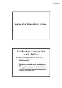 Computational Complexity Theory Introduction to Computational
