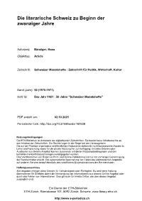 Die Literarische Schweiz Zu Beginn Der Zwanziger Jahre