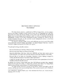 Open Society Archives: an Overview Pavol Salamon the Open