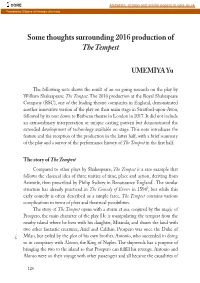 Some Thoughts Surrounding 2016Production of the Tempest