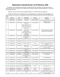 Applications Received During 1 to 29 February, 2020