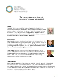 The Internet Governance Network Transcript of Interview with Vint Cerf