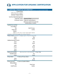 Application for Organic Certification