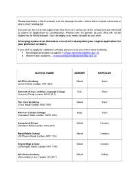 List of Schools with Vacancies Or Short Waiting Lists
