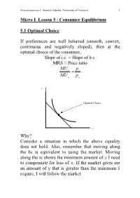 Micro I. Lesson 5 : Consumer Equilibrium