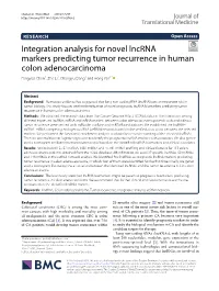 Integration Analysis for Novel Lncrna Markers Predicting Tumor Recurrence in Human Colon Adenocarcinoma Fangyao Chen1, Zhe Li2, Changyu Deng3 and Hong Yan1*