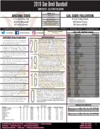 2019 Sun Devil Baseball GAME NOTES - CAL STATE FULLERTON