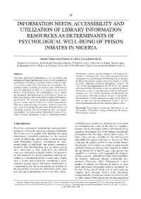 Information Needs, Accessibility and Utilization of Library Information Resources As Determinants of Psychological Well-Being of Prison Inmates in Nigeria