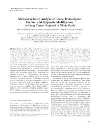 Microarray-Based Analysis of Genes, Transcription Factors, and Epigenetic Modifications in Lung Cancer Exposed to Nitric Oxide