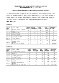 Scheme of Examination for M.Sc. (Mathematical Statistics) Wef 2014-15
