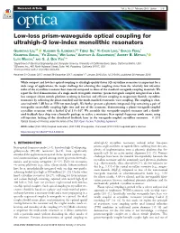 Low-Loss Prism-Waveguide Optical Coupling for Ultrahigh-Q Low-Index Monolithic Resonators
