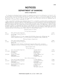 NOTICES DEPARTMENT of BANKING Actions on Applications