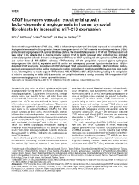 CTGF Increases Vascular Endothelial Growth Factor-Dependent Angiogenesis in Human Synovial Fibroblasts by Increasing Mir-210 Expression