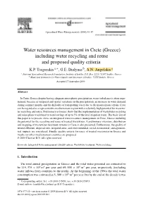 Water Resources Management in Crete (Greece) Including Water Recycling and Reuse and Proposed Quality Criteria A, B a K.P