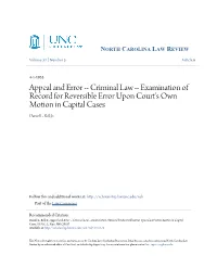 Criminal Law -- Examination of Record for Reversible Error Upon Court's Own Motion in Capital Cases Daniel L