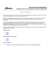Results-Based Budgeting Challenge Panels and Programs and Services Reviewed