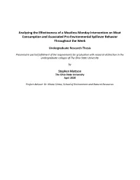 Analyzing the Effectiveness of a Meatless Monday Intervention on Meat Consumption and Associated Pro-Environmental Spillover Behavior Throughout the Week