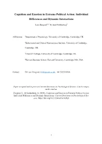 Cognition and Emotion in Extreme Political Action: Individual Differences and Dynamic Interactions