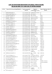 LIST of PETITONS RECEIVED VIA EMAIL for E-FILING on 22-02-2021 Till 9:30 A.M