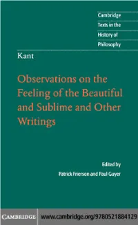 Observations on the Feeling of the Beautiful and Sublime and Other Writings CAMBRIDGE TEXTS in the HISTORY of PHILOSOPHY