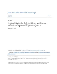 England Limits the Right to Silence and Moves Towards an Inquisitorial System of Justice Gregory W