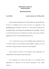 Notification No. 2369 RG Dated, Calcutta, the 18Th May, 2018