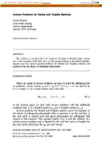 Inverse Problems for Hankel and Toeplitz Matrices