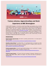 Trainee Schemes, Apprenticeships and Work Experience at BBC Birmingham