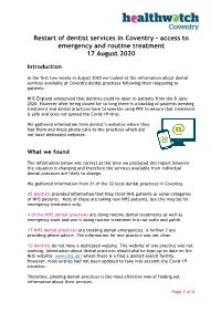 Restart of Dentist Services in Coventry – Access to Emergency and Routine Treatment 17 August 2020