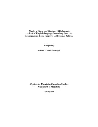 Modern History of Ukraine, 1848-Present: a List of English-Language Secondary Sources (Monographs, Book Chapters, Collections, Articles)