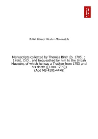 Manuscripts Collected by Thomas Birch (B. 1705, D. 1766)