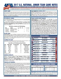 2017 U.S. National Junior Team Game Notes Game Team Junior National U.S
