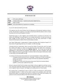 AFL Victoria Affiliates FROM: Stephen O’Donohue – Head of Community Football Victoria DATE: May 16, 2020 SUBJECT: AFL Victoria Return to Play Protocols and Date