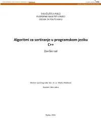 Algoritmi Za Sortiranje U Programskom Jeziku C++ Završni Rad