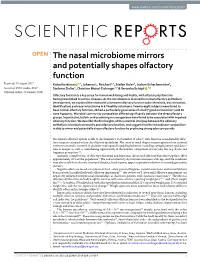 The Nasal Microbiome Mirrors and Potentially Shapes Olfactory Function Received: 10 August 2017 Kaisa Koskinen 1,2, Johanna L