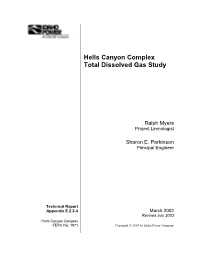 Hells Canyon Complex Total Dissolved Gas Study