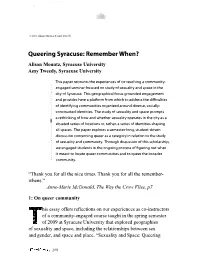 Queering Syracuse: Remember When? Alison Mountz, Syracuse University Amy Tweedy, Syracuse University